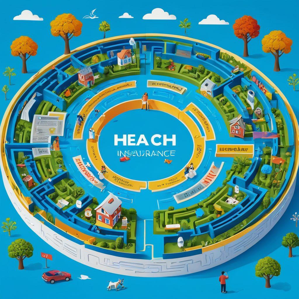 A whimsical maze made of various insurance policy documents intertwining, with a friendly guide character holding a magnifying glass, symbolizing search and discovery. Floating icons representing different types of insurance (health, auto, home) pop up throughout the maze. A clear blue sky and bright sunlight illuminate the scene, enhancing the feeling of clarity and guidance. The overall atmosphere is inviting and approachable. vibrant colors. vector art.