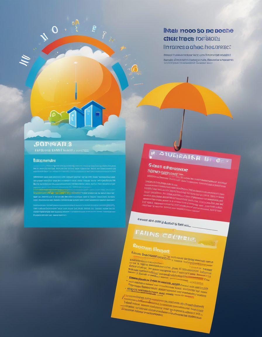 A split-screen visual depicting two contrasting insurance quotes side by side, featuring a magnifying glass zooming in on the fine print and numbers; one side with a sunny, optimistic background and the other with a stormy, uncertain look. Incorporate elements like calculators, policy documents, and icons representing savings and protection to symbolize comparison and choice. vibrant colors. modern infographic style.