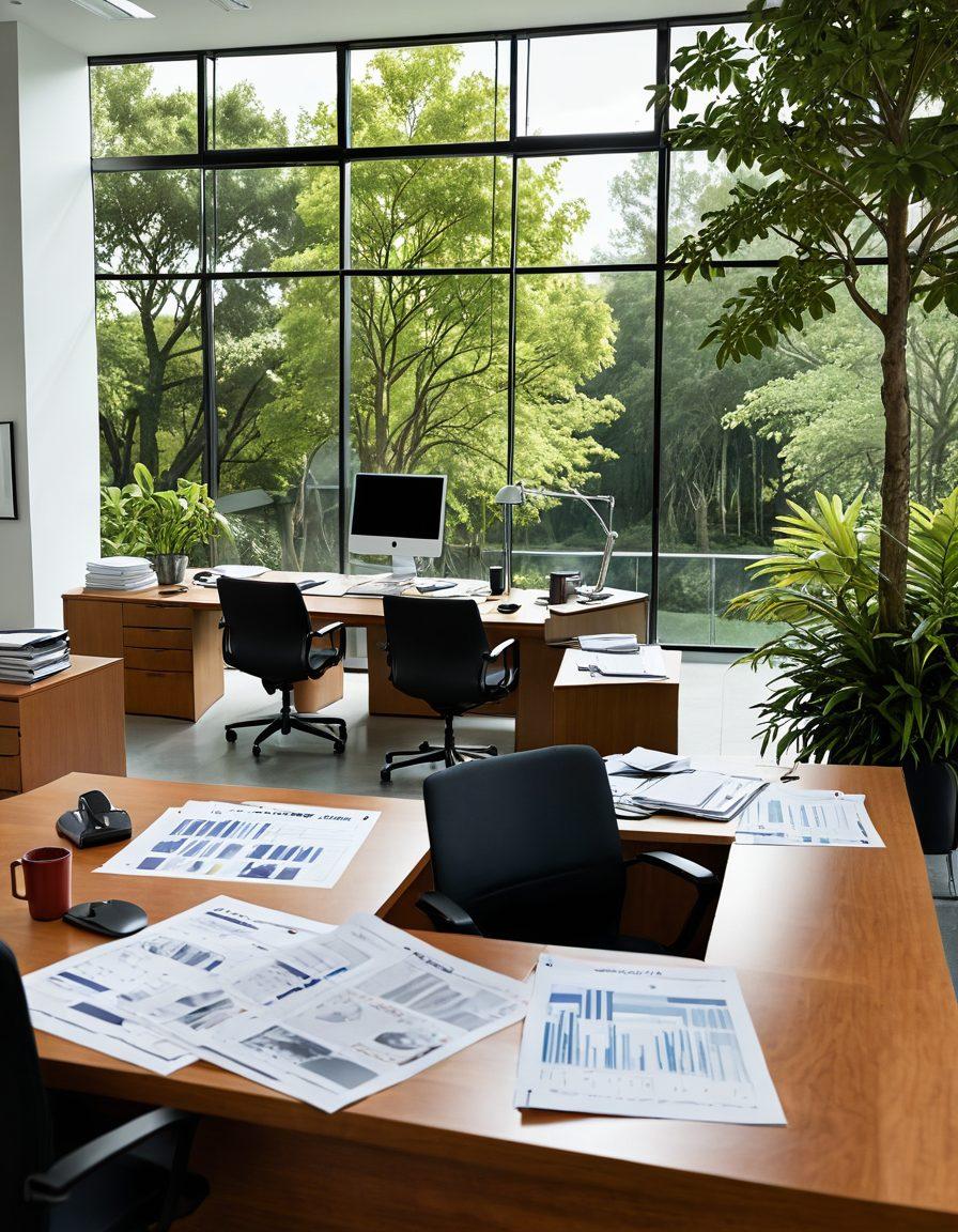 A split scene depicting two sides: on the left, a busy office with professionals analyzing claims and paperwork, and on the right, a serene landscape showing a family enjoying outdoor activities symbolizing insurance protection. Include charts and graphs in the office, and bright natural elements like trees and sunshine in the landscape. This contrast highlights the importance of claims processing and risk assessment in achieving financial security. super-realistic. vibrant colors. white background.
